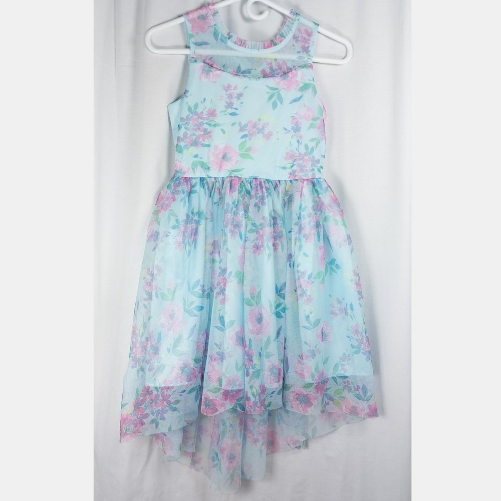 Zunie Girl Floral Tulle Sleeveless Dress Girls Large (10-12) Blue High Low Hem